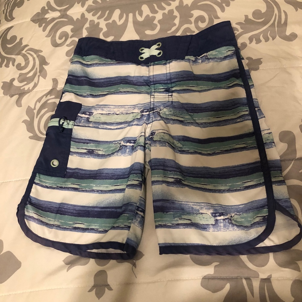 Art Class Blue and White Boys Size 8 Velcro Button Up Swim Trunks Swim Shorts